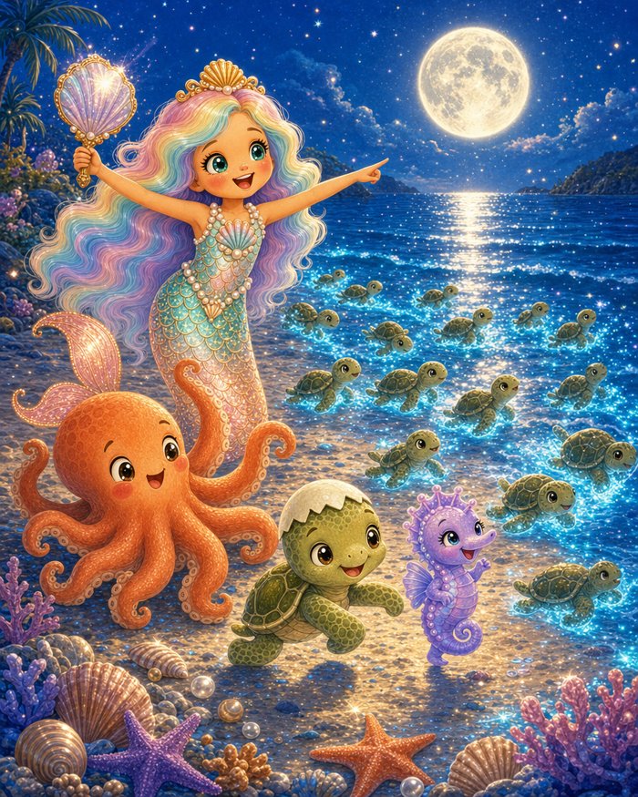 Baby sea turtles run to the glowing sea under the full moon