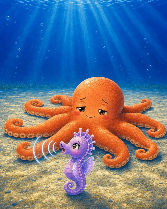 Tired Tako on the sand while Pearl calls for help