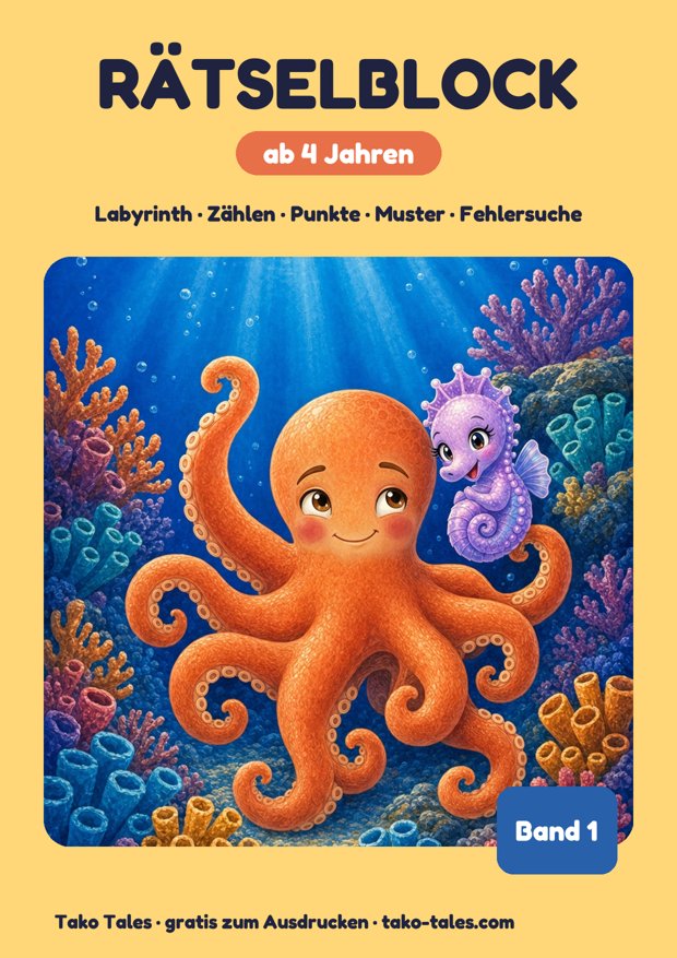 Rätselblock ab 4 Jahren Titelseite mit Oktopus Tako
