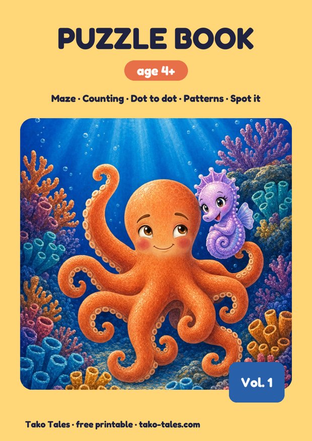 Free printable puzzle book for 4 year olds cover with Tako the octopus