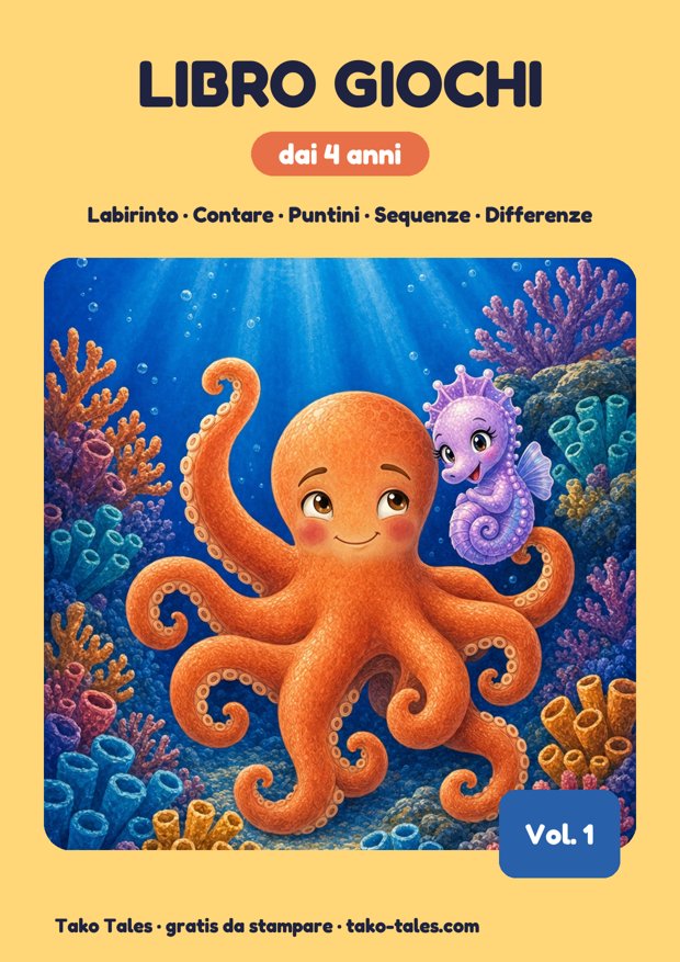 Libro giochi per bambini di 4 anni copertina con il polpo Tako