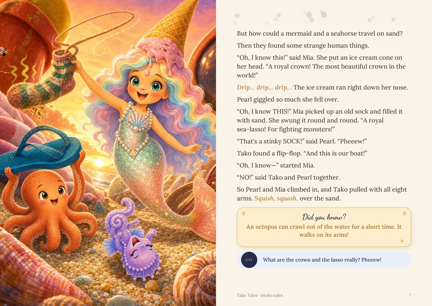 Sample spread: Oh, I know this! Mia wears an ice cream cone as a crown