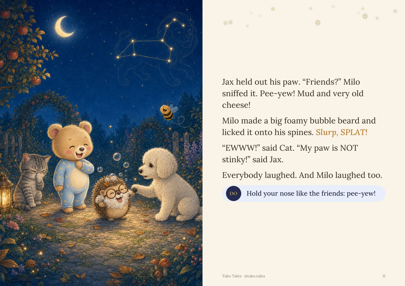 Sample spread: Milo makes a foamy bubble beard, everybody laughs