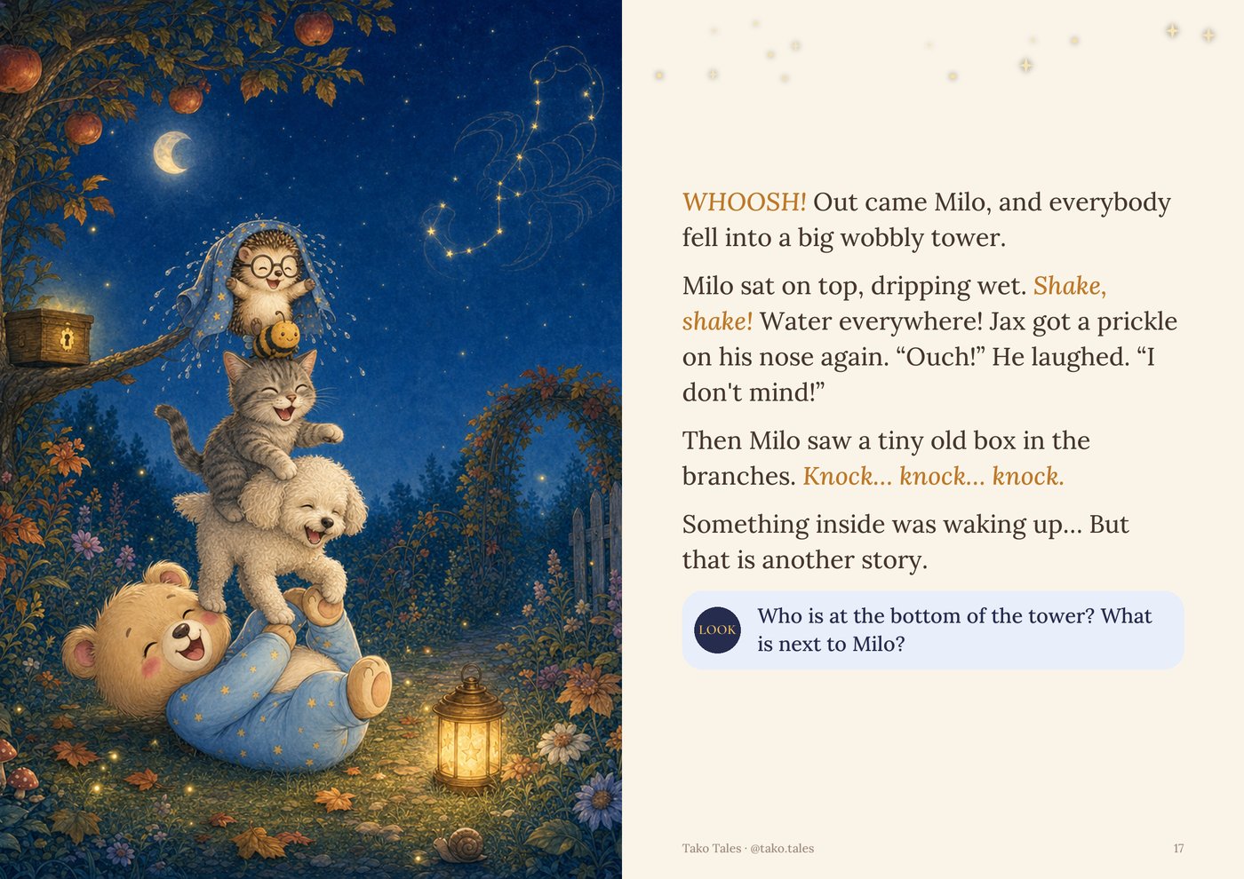Sample spread: the friends fall into a wobbly tower after rescuing Milo